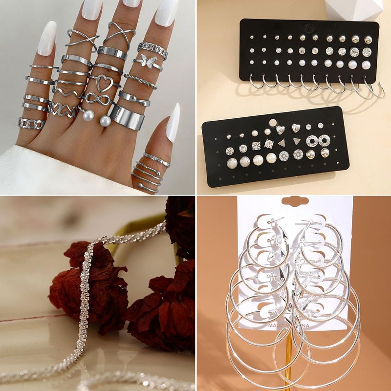 CONGYING 116 Pcs Silver Jewelry Set with 7Pcs Layered Necklace, 11 Pcs Bracelet and 22pcs Hoop Earrings ,22pcs Knuckle Rings,54pcs stud earrings Jewerly set For Women Valentine Anniversary Friendship Gift - Image 5