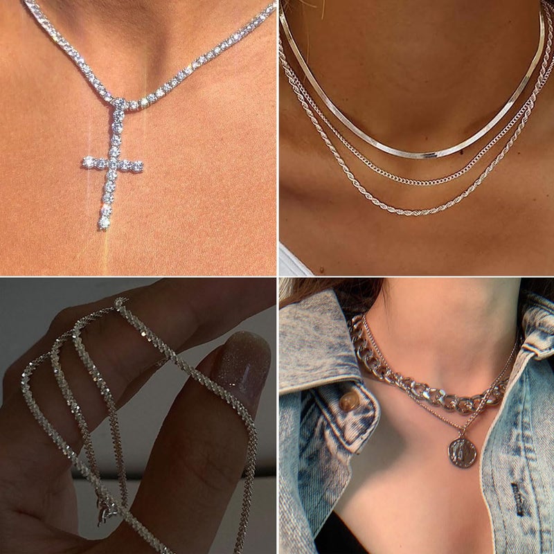 CONGYING 116 Pcs Silver Jewelry Set with 7Pcs Layered Necklace, 11 Pcs Bracelet and 22pcs Hoop Earrings ,22pcs Knuckle Rings,54pcs stud earrings Jewerly set For Women Valentine Anniversary Friendship Gift - Image 3