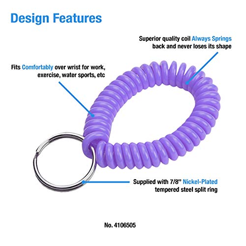 Lucky Line 2” Spiral Wrist Coil with Steel Key Ring, Flexible Wrist Band Key Chain Bracelet, Stretches To 12”, Purple, 5 Pack (4106505) - Image 3