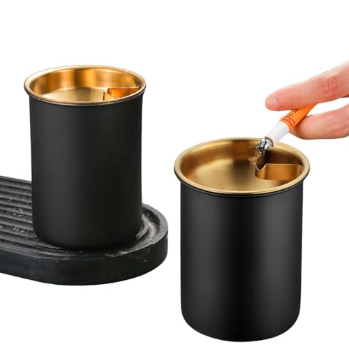 Ahamo Stainless Steel Ashtray with Lid - Windproof Cigarette Ash Tray for Home & Car Use, Durable 7.5cm Portable Metal Ash Tray for Indoor Outdoor (Black) - Image 1