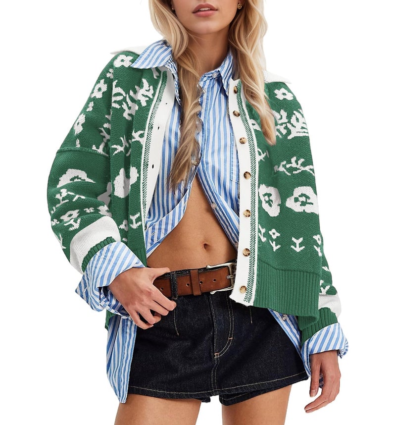 MISSACTIVER Floral Print Button Down Cardigan Sweaters for Women Long Sleeve V Neck Open Front Knit Crop Tops Fall Jacket Green - Image 1