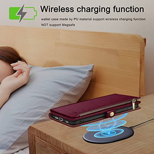 XcaseBar for Samsung Galaxy S24 Ultra Wallet case with Zipper Credit Card Holder RFID Blocking,Flip Folio Book PU Leather Shockproof Protective Cover Women Men for Samsung S24Ultra Phone case Wine Red - Image 4