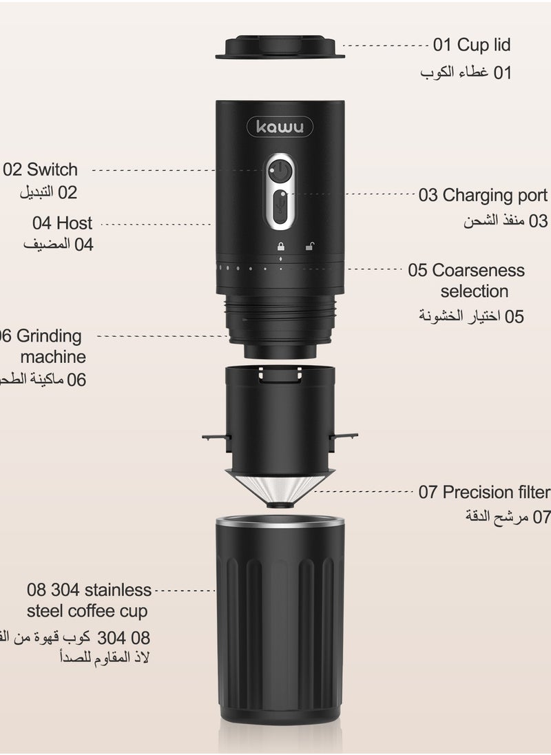 Kawu - Portable electric coffee bean grinder, rechargeable coffee bean grinder, battery powered, small coffee machine suitable for car, travel, camping and anywhere else - Image 1