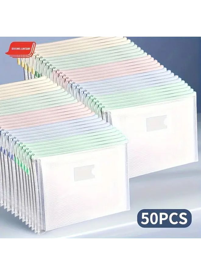 50 قطعة من أكياس السحاب الشبكية الكلاسيكية بحجم A4، ملفات ورقية بلاستيكية PVC متينة، مجلدات متعددة الألوان مع مقبض سهل الحمل للسفر والمدرسة وتنظيم المكتب - Image 1