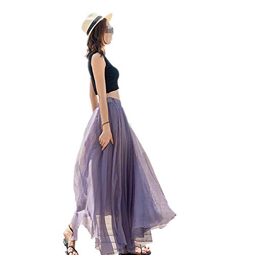 Teemall Women's Ankle Chiffon Long Skirt A-line Retro Skirts Pleated Beach Maxi Skirt (Light Purple) - Image 4