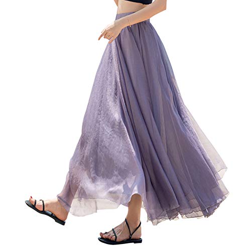 Teemall Women's Ankle Chiffon Long Skirt A-line Retro Skirts Pleated Beach Maxi Skirt (Light Purple) - Image 1