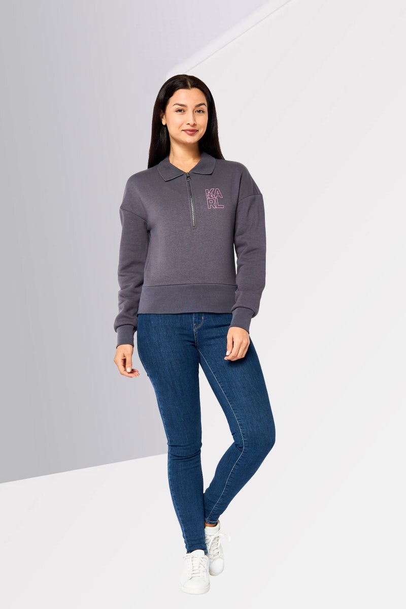 Karl Lagerfeld Women Spread Collar Graphic Print Long Sleeve Half Zip Sweatshirt, Grey - Image 2