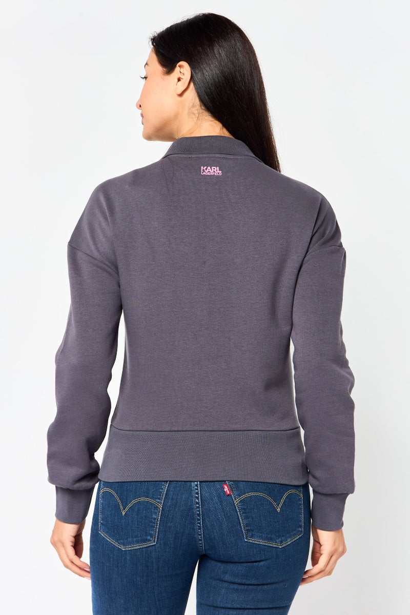 Karl Lagerfeld Women Spread Collar Graphic Print Long Sleeve Half Zip Sweatshirt, Grey - Image 4