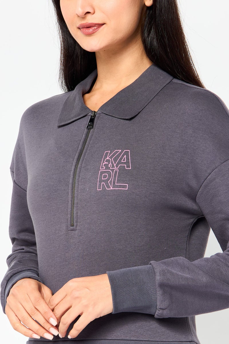 Karl Lagerfeld Women Spread Collar Graphic Print Long Sleeve Half Zip Sweatshirt, Grey - Image 3