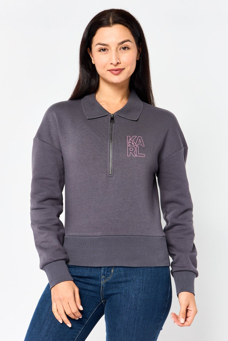Karl Lagerfeld Women Spread Collar Graphic Print Long Sleeve Half Zip Sweatshirt, Grey - Image 1