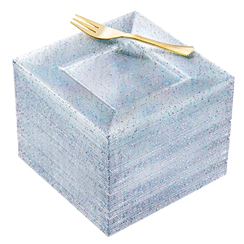 supernal Plastic Square Plates Glitter Design 100pcs 6 Dishware BPA Free Reusable with Caveats Clear