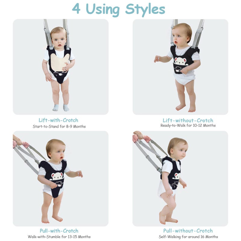 Ocanoiy Baby Walking Harness Handheld Baby Walker Assistant Belt Adjustable Toddler Infant Harnesses Standing Up Walking Learning Helper with Detachable Crotch for 9-24 Month Old (Dark Blue) - Image 5