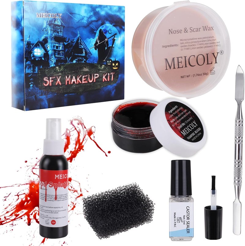 ميكولي مجموعة مكياج SFX: شمع الندبات، رذاذ الدم المزيف (2.1 أونصة)، شمع الجروح الخاص بتأثيرات الهالوين (1.67 أونصة) مع ملعقة، إسفنجة التنقيط، جل الدم المتخثر (1.06 أونصة)، 5 مل من مانع التسرب بالخروع، مكياج المهرج المخيف 01 - Image 1