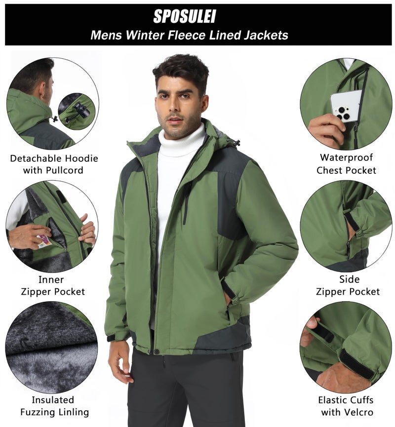 SPOSULEI Winter Jackets Coats for Men Waterproof Fleece Liner Softshell Jacket Ski Hiking Snow Jackets Parka Coat with Hooded Green S - Image 5