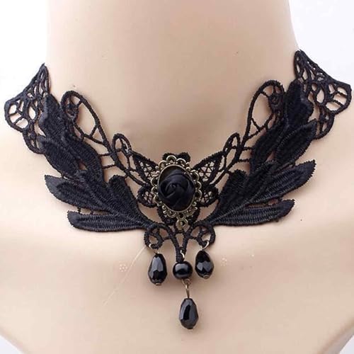 FFZDENA 2 Pieces Gothic Jewellery Set, Rose Lace Choker Necklace and Matching Bracelet for Women, Aesthetic Neck Pieces, Stylish Gothic Accessories for Formal Events (Black) - Image 4