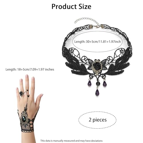 FFZDENA 2 Pieces Gothic Jewellery Set, Rose Lace Choker Necklace and Matching Bracelet for Women, Aesthetic Neck Pieces, Stylish Gothic Accessories for Formal Events (Black) - Image 2
