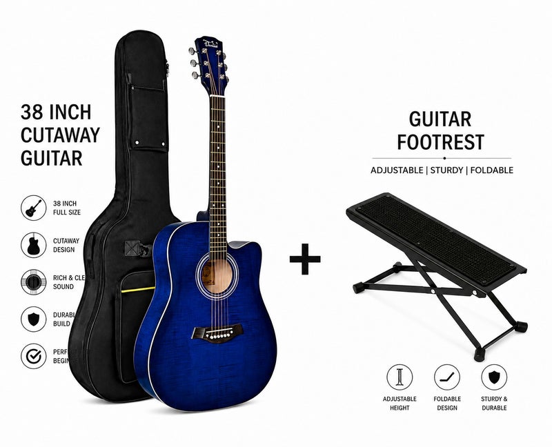 Megarya 38 Inch Blue Cutaway Acoustic Guitar with Premium Guitar Carry Bag & Adjustable Foldable Guitar Footrest | Steel String Acoustic Guitar for Beginners | Beginner Guitar Starter Kit | Right Handed Guitar for Kids, Teens & Adults | Portable Acoustic Musical Instrument | Acoustic Guitar Combo for Students, Schools & Home Practice - Image 2