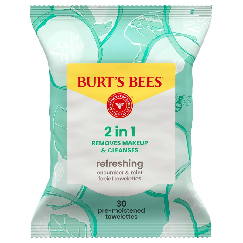 Burt's Bees Burtâ€™s Bees Refreshing Cucumber & Mint Facial Towelettes, 100% Plant Based Cloths; 99% Natural Origin; Removes Makeup and Cleanses; No Need to Rinse (Package May Vary) - Image 1