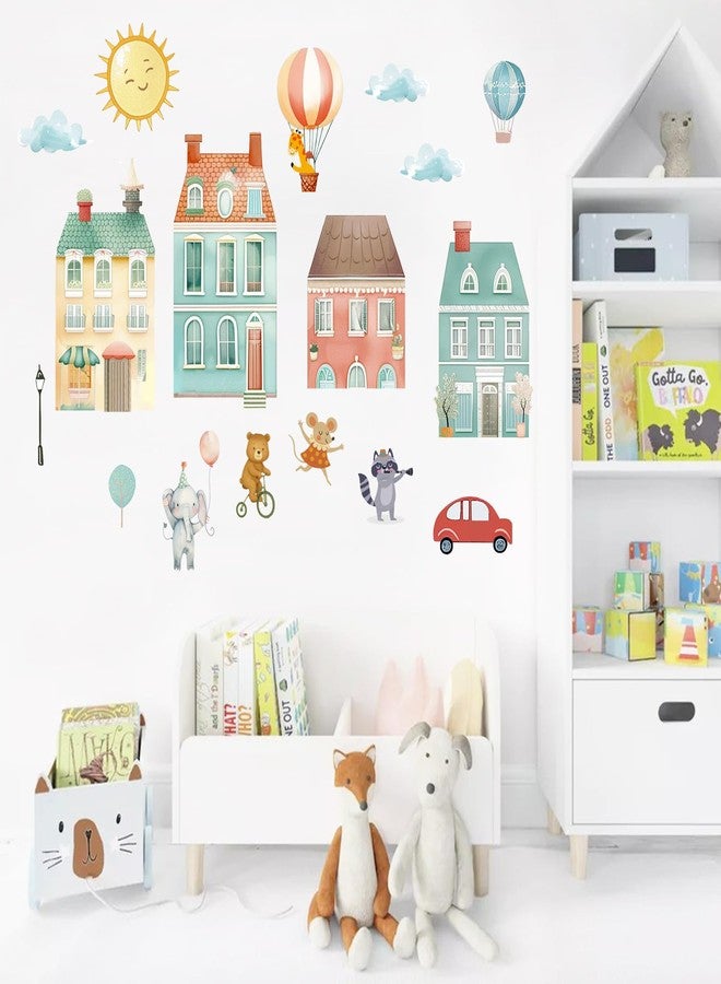 Mfault Watercolor Fairy Tale Town Wall Decals Stickers, Cute Animals House Car Nursery Decorations Baby Kids Children Bedroom Art, Hot Air Balloon Cloud Sun Baby Boy Girl Toddler Playroom Home Decor - Image 4