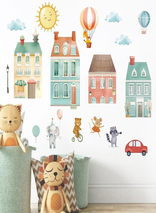 Mfault Watercolor Fairy Tale Town Wall Decals Stickers, Cute Animals House Car Nursery Decorations Baby Kids Children Bedroom Art, Hot Air Balloon Cloud Sun Baby Boy Girl Toddler Playroom Home Decor - Image 3