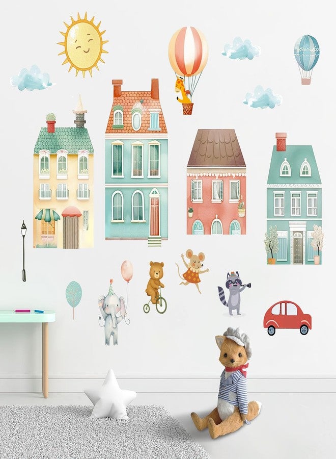 Mfault Watercolor Fairy Tale Town Wall Decals Stickers, Cute Animals House Car Nursery Decorations Baby Kids Children Bedroom Art, Hot Air Balloon Cloud Sun Baby Boy Girl Toddler Playroom Home Decor - Image 1