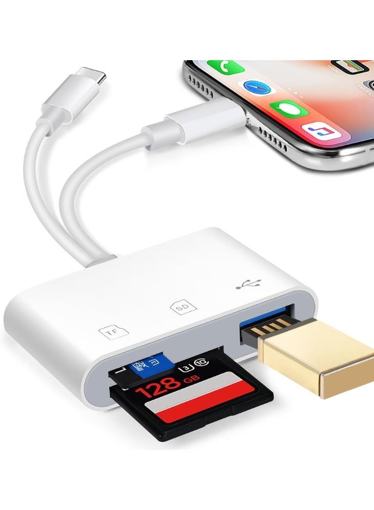 For All Lightning USB C Male to USB SD Card Reader for iPhone iPad, Memory Card Reader Built-in Dual Port Connector Card Adapter with SD/MicroSD/USB-A 3 Slots, No App Required, Plug and Play - Image 1