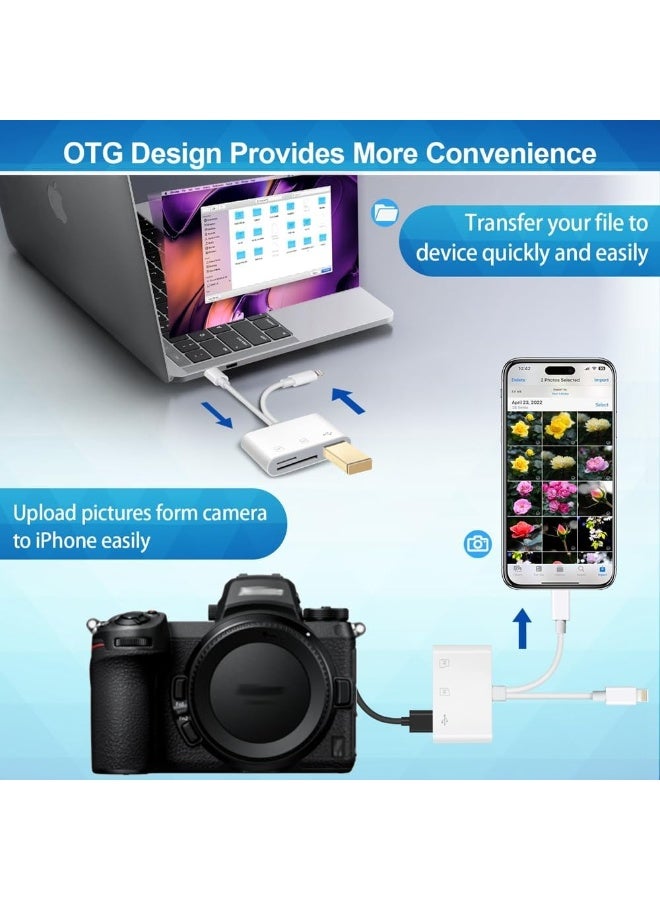 For All Lightning USB C Male to USB SD Card Reader for iPhone iPad, Memory Card Reader Built-in Dual Port Connector Card Adapter with SD/MicroSD/USB-A 3 Slots, No App Required, Plug and Play - Image 2