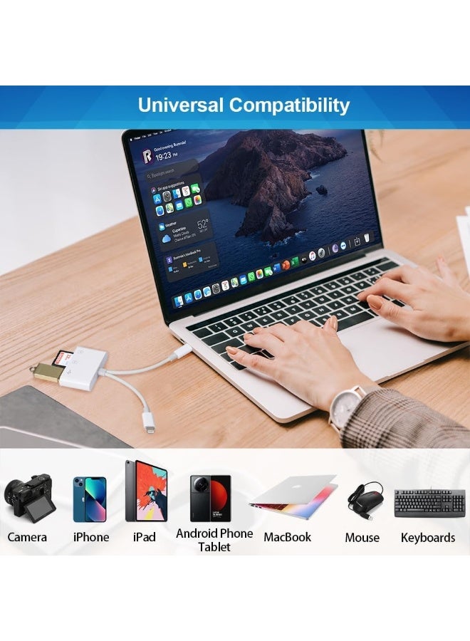For All Lightning USB C Male to USB SD Card Reader for iPhone iPad, Memory Card Reader Built-in Dual Port Connector Card Adapter with SD/MicroSD/USB-A 3 Slots, No App Required, Plug and Play - Image 4