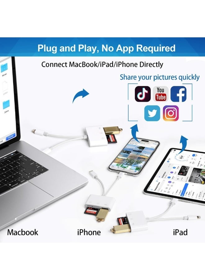 For All Lightning USB C Male to USB SD Card Reader for iPhone iPad, Memory Card Reader Built-in Dual Port Connector Card Adapter with SD/MicroSD/USB-A 3 Slots, No App Required, Plug and Play - Image 5