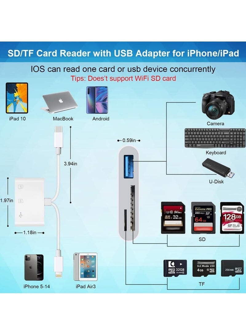 For All Lightning USB C Male to USB SD Card Reader for iPhone iPad, Memory Card Reader Built-in Dual Port Connector Card Adapter with SD/MicroSD/USB-A 3 Slots, No App Required, Plug and Play - Image 3