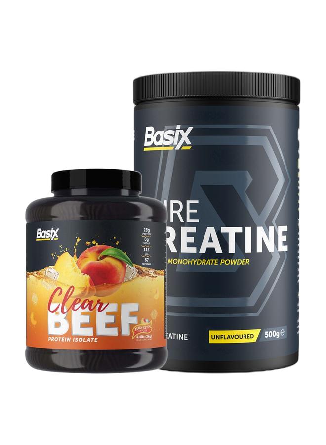 Basix Exclusive Bunde Offer - Beef Protein Isolate Peach Ice Tea Flavour 4.4lb and Pure Creatine Unflavored 500 Gm - Image 1