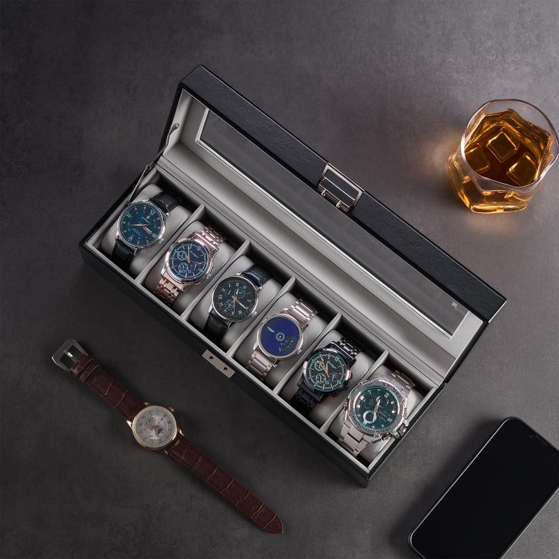 ProCase 6 Slot Watch Case Box for Men, PU leather Man Watch Organizer with Soft Pillow, Lockable Watch Collection Storage Holder with Glass Display Lid, Valentine's Gifts -Black - Image 4