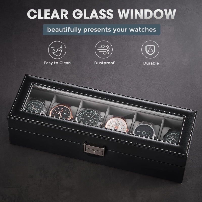 ProCase 6 Slot Watch Case Box for Men, PU leather Man Watch Organizer with Soft Pillow, Lockable Watch Collection Storage Holder with Glass Display Lid, Valentine's Gifts -Black - Image 2