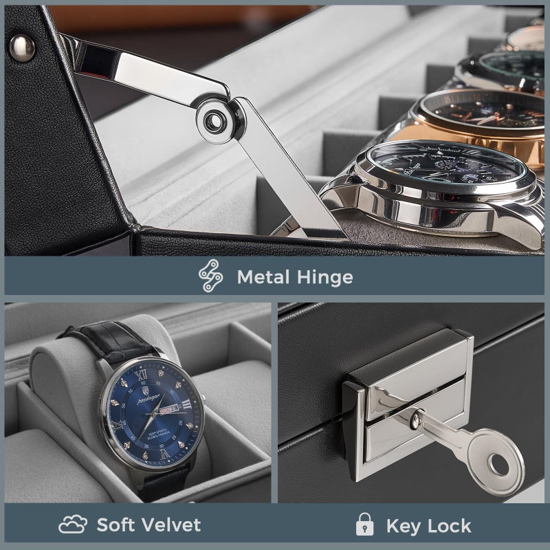 ProCase 6 Slot Watch Case Box for Men, PU leather Man Watch Organizer with Soft Pillow, Lockable Watch Collection Storage Holder with Glass Display Lid, Valentine's Gifts -Black - Image 3