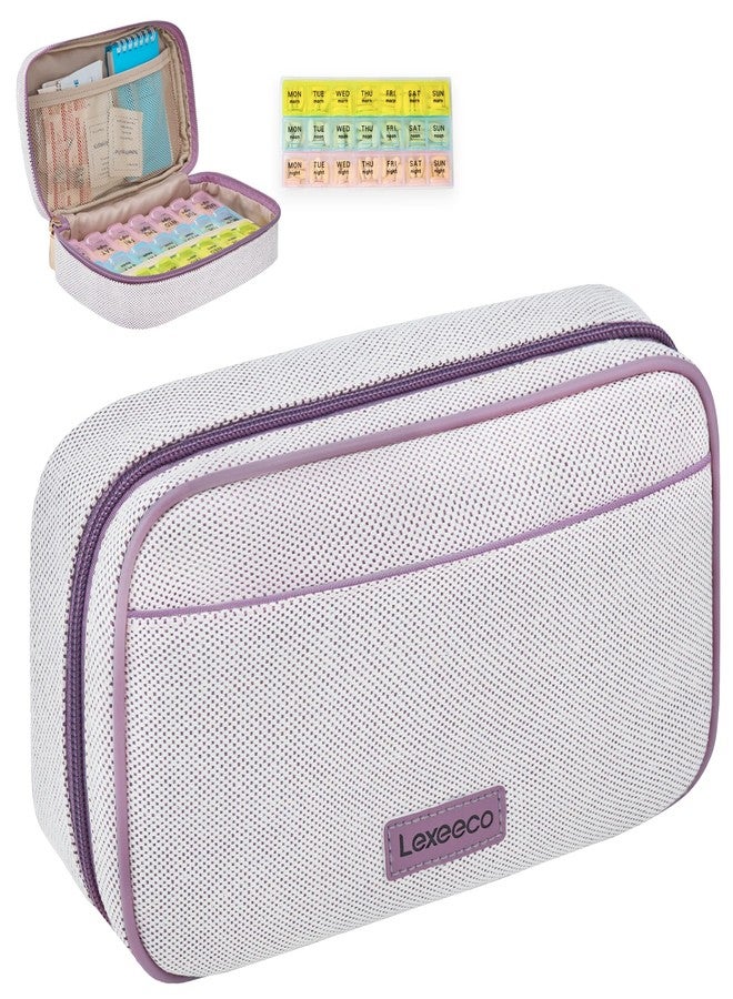 Lexeeco Weekly Travel Pill Organizer 3 Times A Day Pill Case for Purse with Removable 7 Day Pill Box Holder,Cute Medication Organizer Pill Container for Medicine, Vitamin, Fish Oils,Supplement(Purple, Large - Image 1