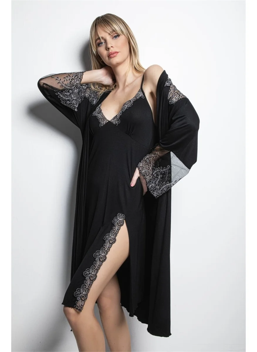 Monamise 19190 Women's Black Nightgown Dressing Gown Set