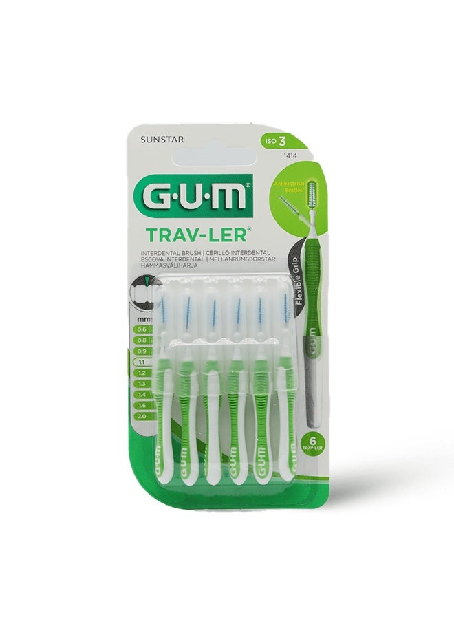 GUM Trav Ler Interdental Brush 1.1 mm Size 1414G Soft Triangular Bristles Coated Wire Ergonomic Handle 6 Pack