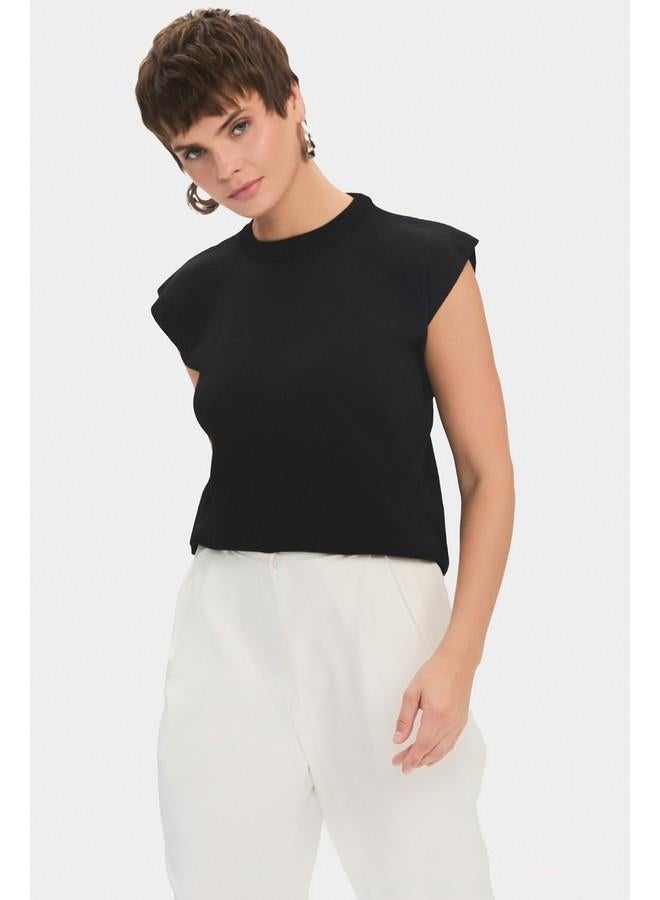 جون بلوزة نسائية بدون أكمام بياقة دائرية من يونيو - أسود - Image 2