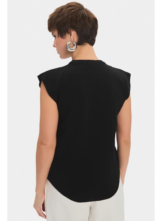 جون بلوزة نسائية بدون أكمام بياقة دائرية من يونيو - أسود - Image 5