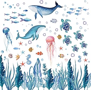 Whaline 143 Pieces Ocean Wall Decals Watercolor Under The Sea Wild Life Animals Wall Stickers Waterproof Peel and Stick - Image 1