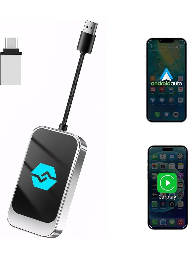 Azonee محول Carplay لاسلكي 2 في 1 لأندرويد أوتو، دونجل بلوتوث وواي فاي، توصيل وتشغيل سريع ومستقر مع زمن انتقال منخفض، يدعم أكثر من 800 طراز سيارة، متوافق مع USB-A وType-C لأجهزة iOS وأندرويد - Image 1