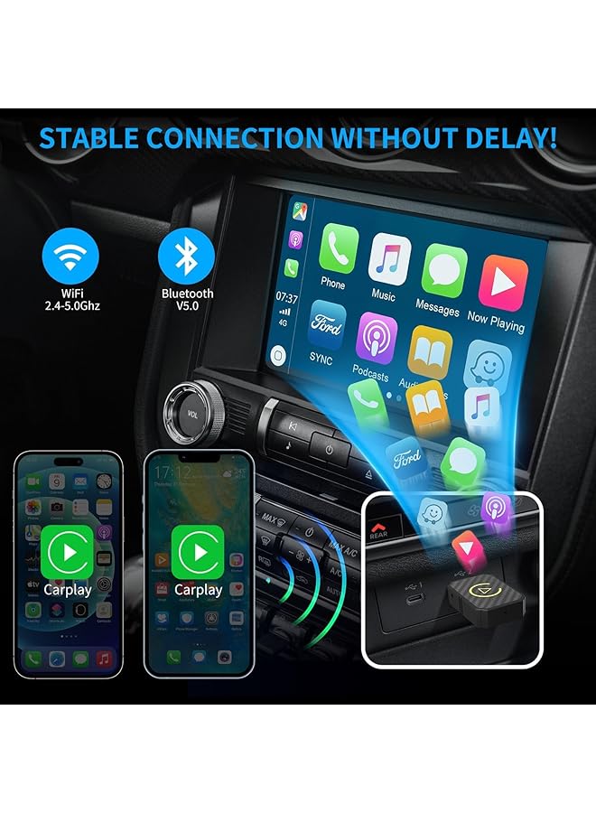 Azonee محول Carplay لاسلكي 2 في 1 لأندرويد أوتو، دونجل بلوتوث وواي فاي، توصيل وتشغيل سريع ومستقر مع زمن انتقال منخفض، يدعم أكثر من 800 طراز سيارة، متوافق مع USB-A وType-C لأجهزة iOS وأندرويد - Image 4