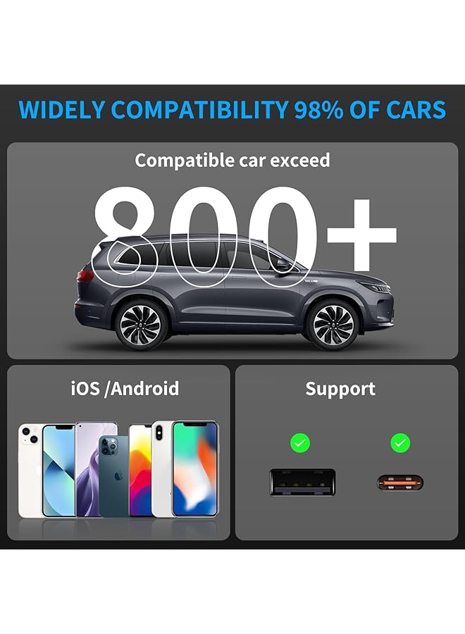 Azonee محول Carplay لاسلكي 2 في 1 لأندرويد أوتو، دونجل بلوتوث وواي فاي، توصيل وتشغيل سريع ومستقر مع زمن انتقال منخفض، يدعم أكثر من 800 طراز سيارة، متوافق مع USB-A وType-C لأجهزة iOS وأندرويد - Image 5