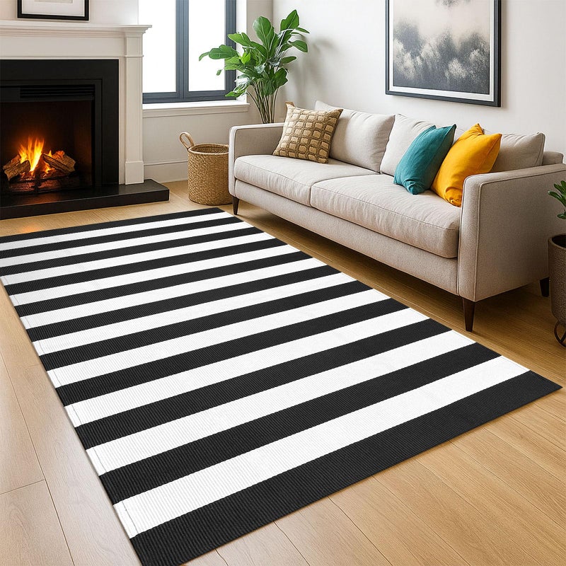 KOZYFLY Black and White Striped Outdoor Rug 5x7 Ft Area Rug Washable Indoor Outdoor Rug Cotton Striped Rugs for Living Room Farmhouse Large Floor Carpet for Bedroom Living Room Patio - Image 1