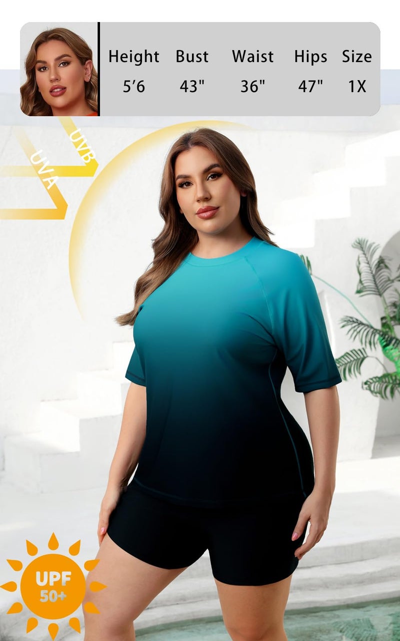 Halcurt Women Plus Size Bathing Suit T-Shirt Built in Bra Rash Guard UPF 50 Two Piece Swimsuit Shirt Board Shorts Ombre Green 1X - Image 4