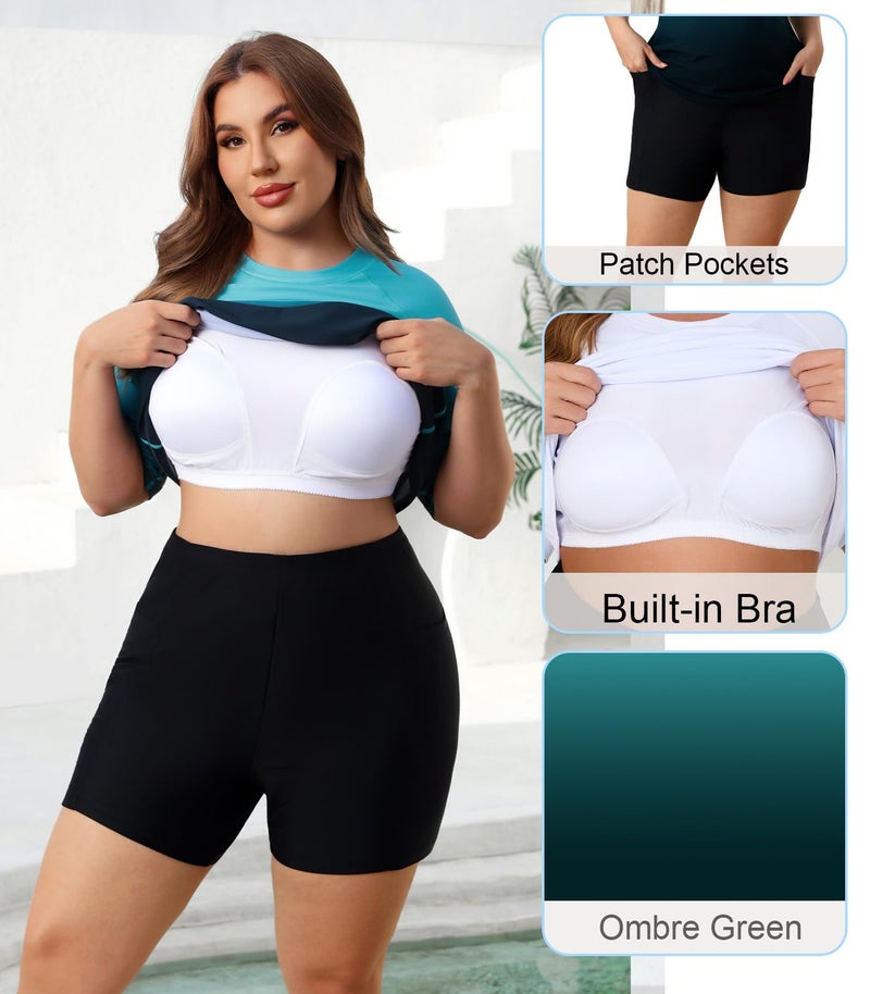 Halcurt Women Plus Size Bathing Suit T-Shirt Built in Bra Rash Guard UPF 50 Two Piece Swimsuit Shirt Board Shorts Ombre Green 1X - Image 5