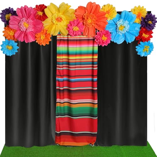 Tingjoo 19 Pcs Mexican Fiesta Decorations Set Mexican Paper Flowers Polyester Backdrop Curtains Backdrop Fiesta Party Decorations Supplies Set for Cinco De Mayo Party Wedding BirthdayBlackFlower - Image 1
