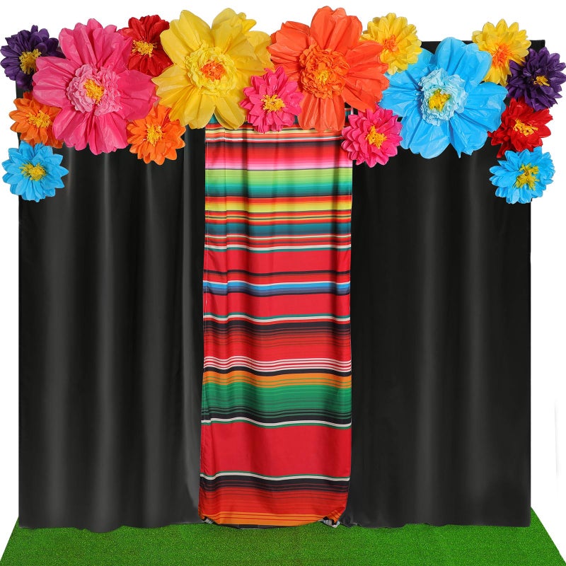 Tingjoo 19 Pcs Mexican Fiesta Decorations Set Mexican Paper Flowers Polyester Backdrop Curtains Backdrop Fiesta Party Decorations Supplies Set for Cinco De Mayo Party Wedding BirthdayBlackFlower - Image 3