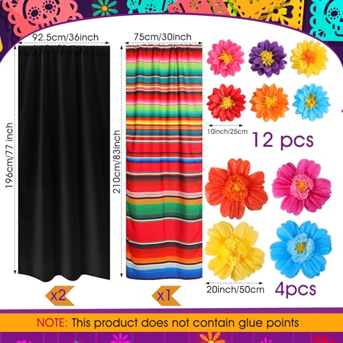 Tingjoo 19 Pcs Mexican Fiesta Decorations Set Mexican Paper Flowers Polyester Backdrop Curtains Backdrop Fiesta Party Decorations Supplies Set for Cinco De Mayo Party Wedding BirthdayBlackFlower - Image 5
