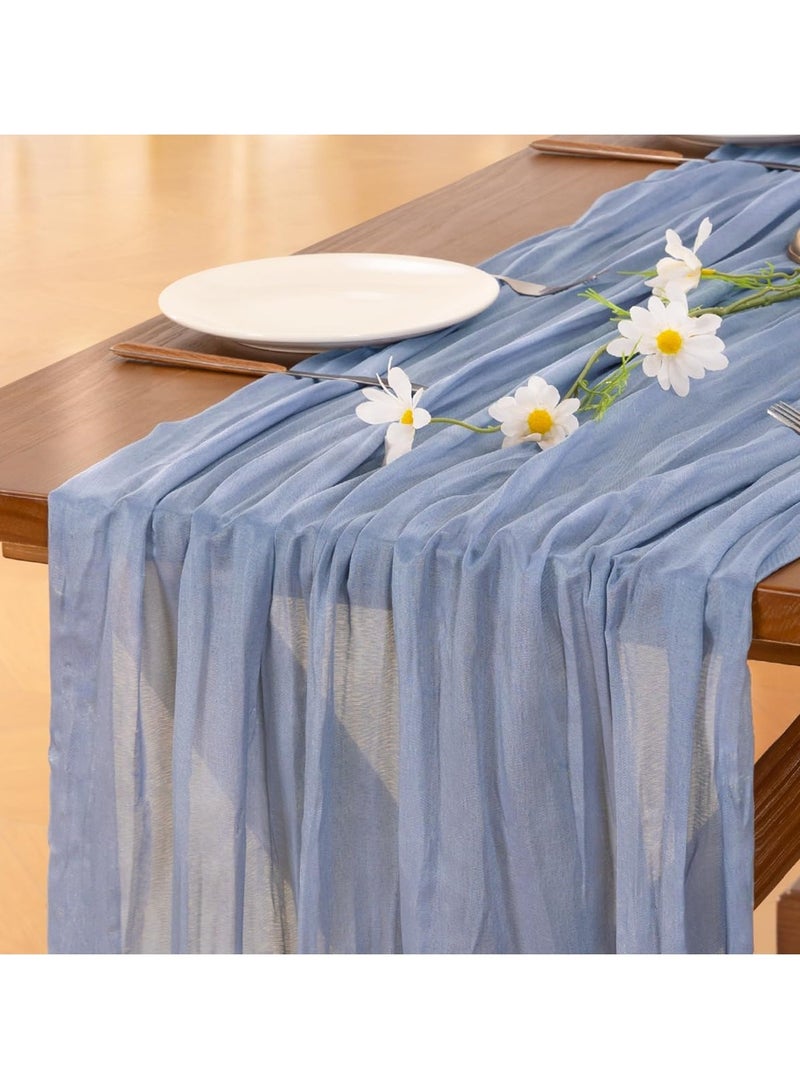 FLYROAD Gray Blue Spring and Summer Coarse Cotton Table Runner Bohemian Country Gauze 90*300cm Coarse Cotton Table Runner Suitable for Wedding Party Baby Baptism Birthday Home Decoration Holiday Decoration - Image 1